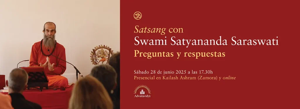 Banner del evento espiritual satsang con Swami Satyananda Saraswati - Online y presencial el 28 junio al 2025