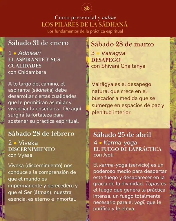 Curso anual presencial y online. Los pilares de la sadhana. Los fundamentos de la práctica espiritual
