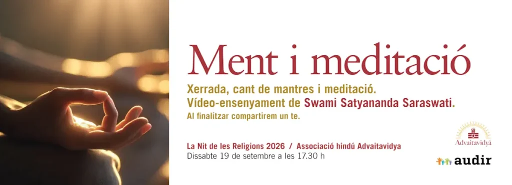 Bàner Ment i Meditació La Nit de les Religions Barcelona 2026. Esdeveniment gratuït amb Swami Satyananda Saraswati al Centro YogaOne Surya, Les Corts.